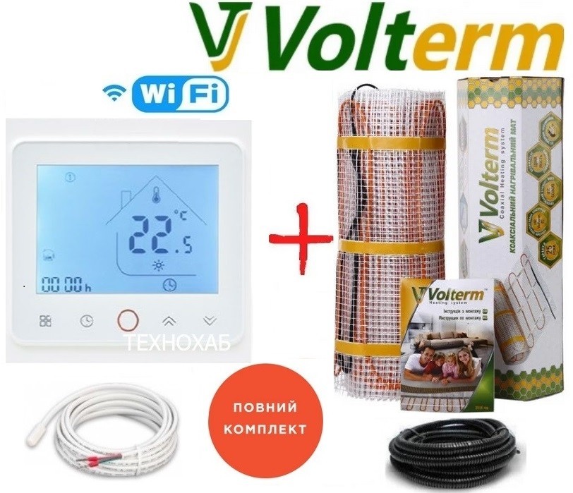 

Теплый пол Volterm Hot Mat 8,8м²/1500Вт/ 180Вт/м² двухжильный кабельный мат под плитку с сенсорным программируемым терморегулятором TWE02 Wi-Fi