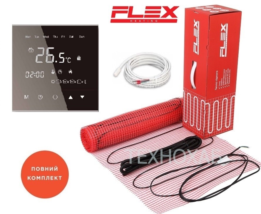 

Электрический теплый пол Flex EHM 6,0м²/1050Вт/ 175Вт/м² тонкий нагревательный мат под плитку с сенсорным программируемым терморегулятором WarmLife черного цвета