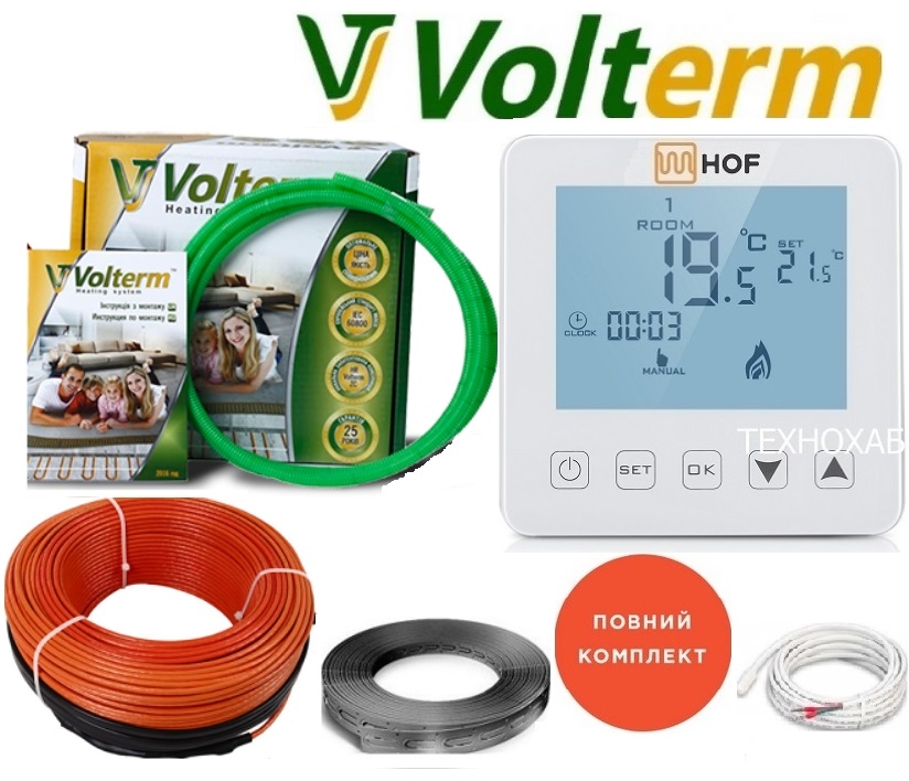 

Теплый кабельный пол Volterm 0,75м²-1м²/140Вт (7,5м) тонкий нагревательный кабель под плитку HR 18Вт/м с сенсорным программируемым терморегулятором HOF sen