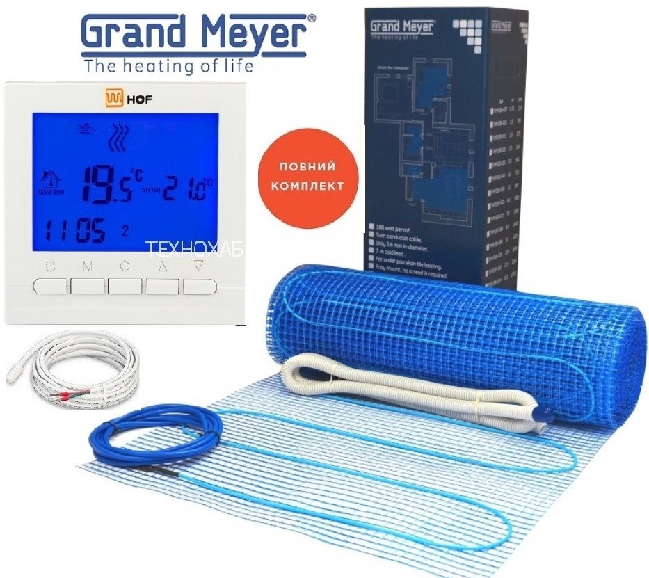 

Теплый пол Grand Meyer THM180- 4,0м²/720Вт 180Вт/м² двухжильный кабельный мат под плитку с программируемым терморегулятором HOF pro