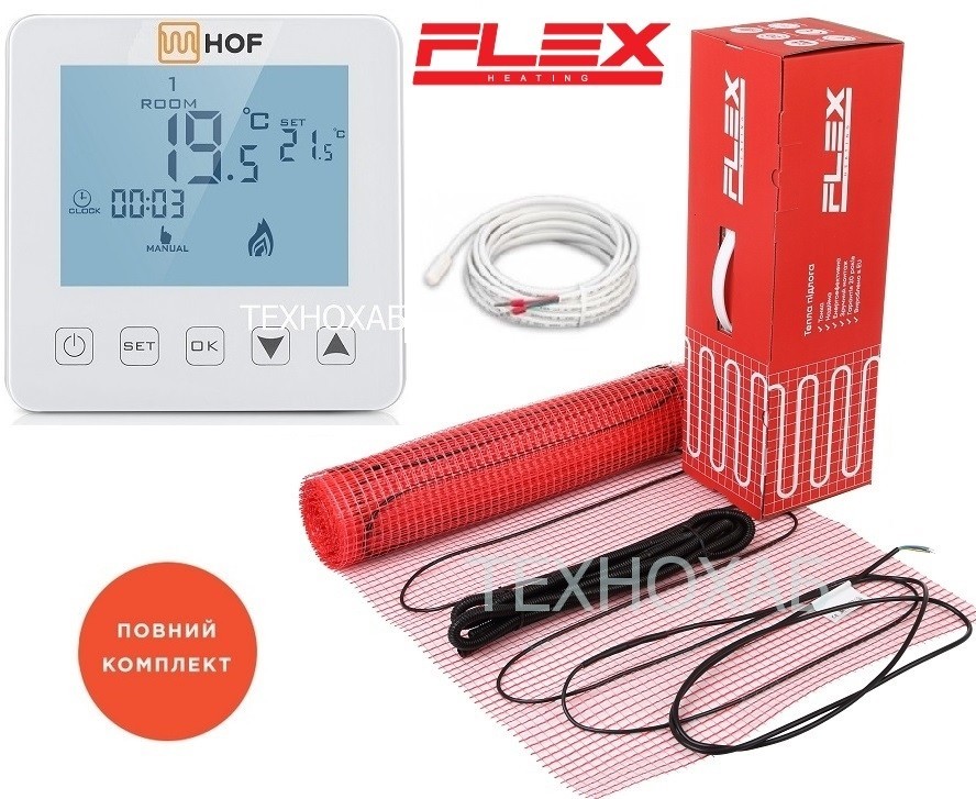 

Теплый пол Flex EHM 10,0м²/1750Вт/ 175Вт/м² двухжильный нагревательный мат под плитку с сенсорным программируемым терморегулятором HOF sen