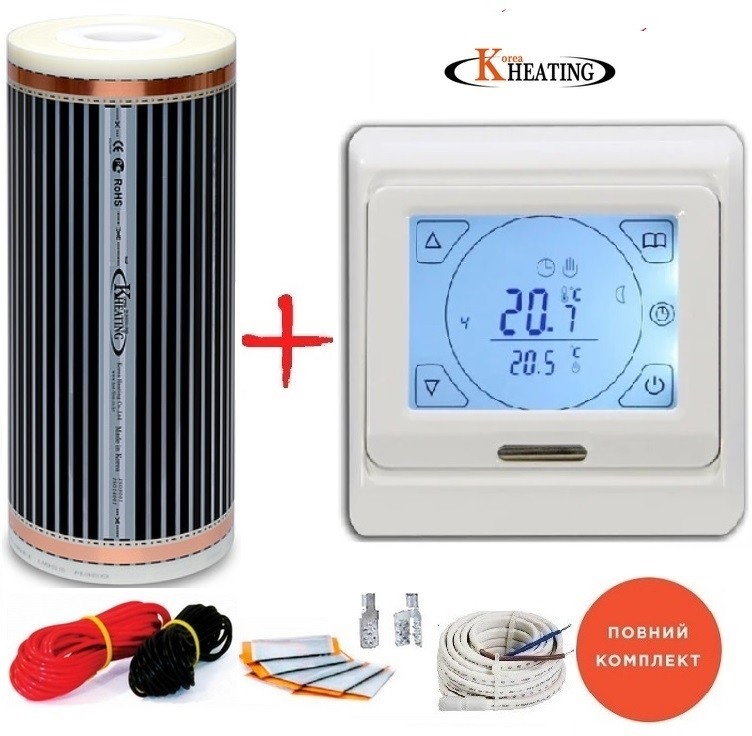 

Пленочный теплый пол Korea Heating-220Вт/м² 10,0м² (0.5м х 20м) /2200Вт под ламинат с сенсорным программируемым терморегулятором E 91