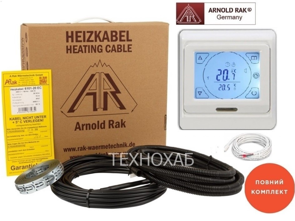 

Теплый пол Arnold Rak 10,0м²-15,4м²/2000Вт (100м) двухжильный нагревательный кабель standart 20Вт/м с сенсорным программируемым терморегулятором E 91