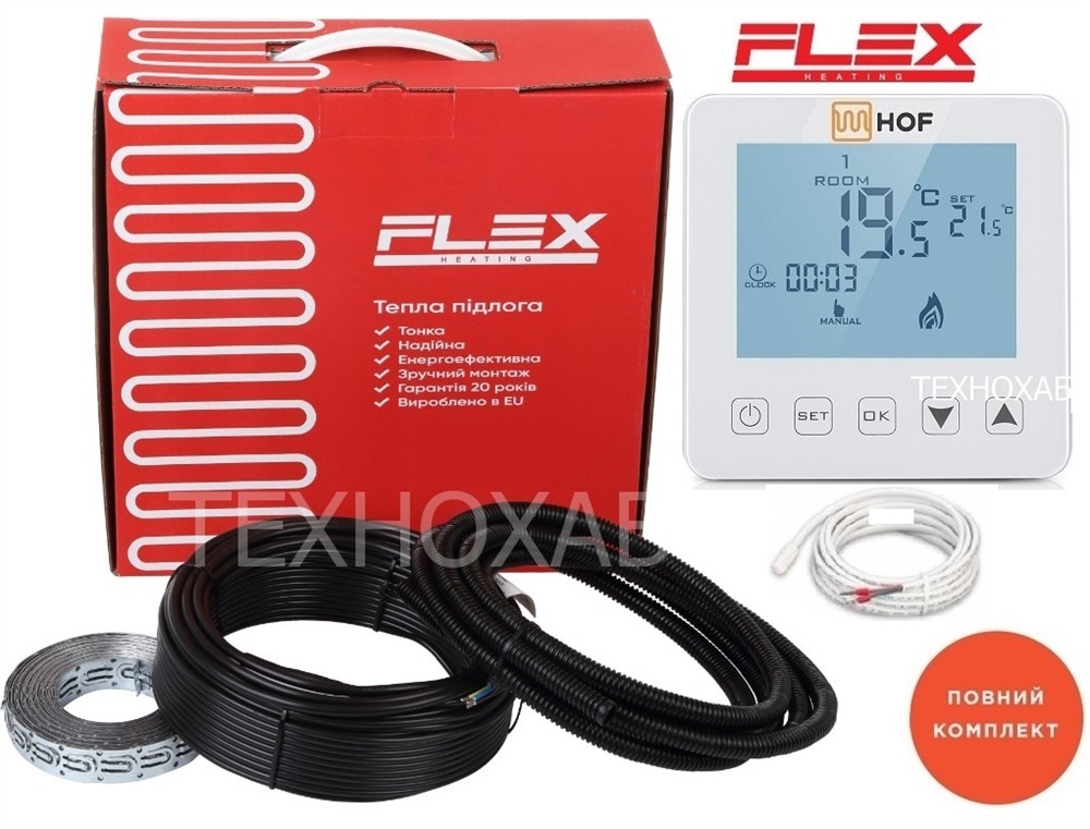 

Теплый пол Flex 11,0м²-13,2м²/1925Вт (110м) двухжильный нагревательный кабель под плитку EHC-17,5Вт/м с сенсорным программируемым терморегулятором HOF sen