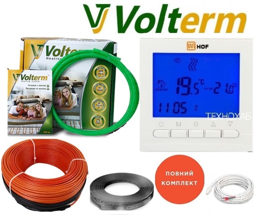 

Теплый пол Volterm 13,0м²-16,3м²/2300Вт (130м) тонкий греющий кабель под плитку HR 18Вт/м с программируемым терморегулятором HOF pro