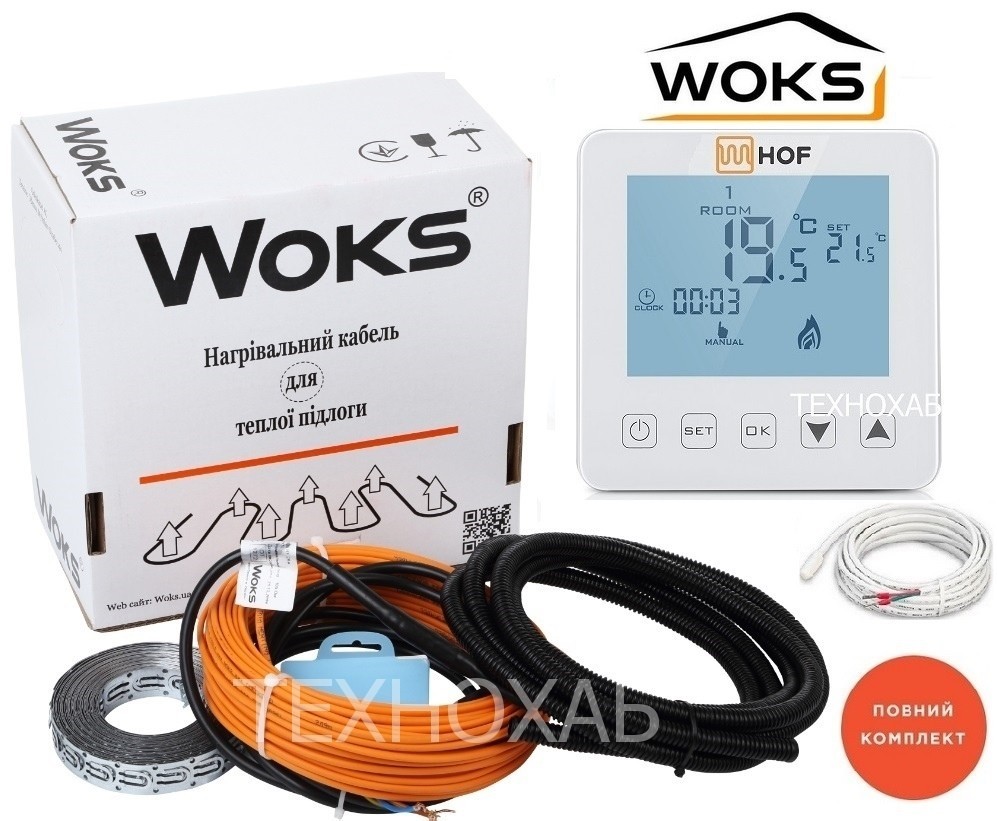 

Кабельный теплый пол Woks 7,8м²-9,8м²/1380Вт (78м) электрический тонкий нагревательный кабель под плитку 18Вт/м с сенсорным программируемым терморегулятором HOF sen