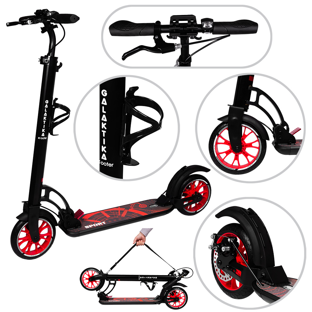 

Самокат Tilly GS-0026 Красный/Черный алюминиевый с ручным и ножным тормозом + фонарик, подстаканник и ремень для переноски