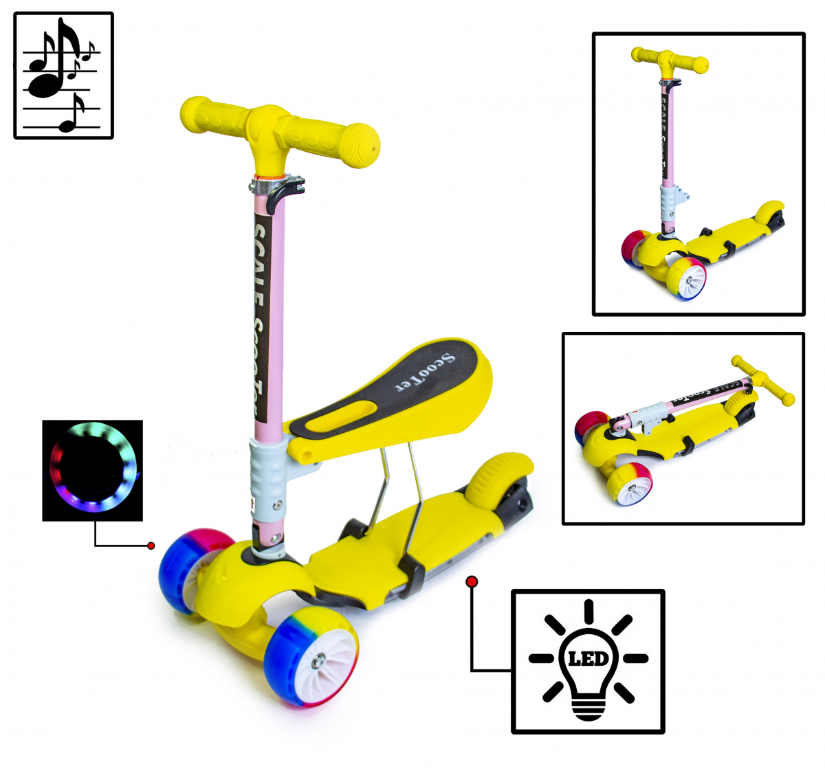 

Детский самокат Scooter 3 в 1 Yellow. Складная ручка. Cо светом и музыкой! Широкие колеса