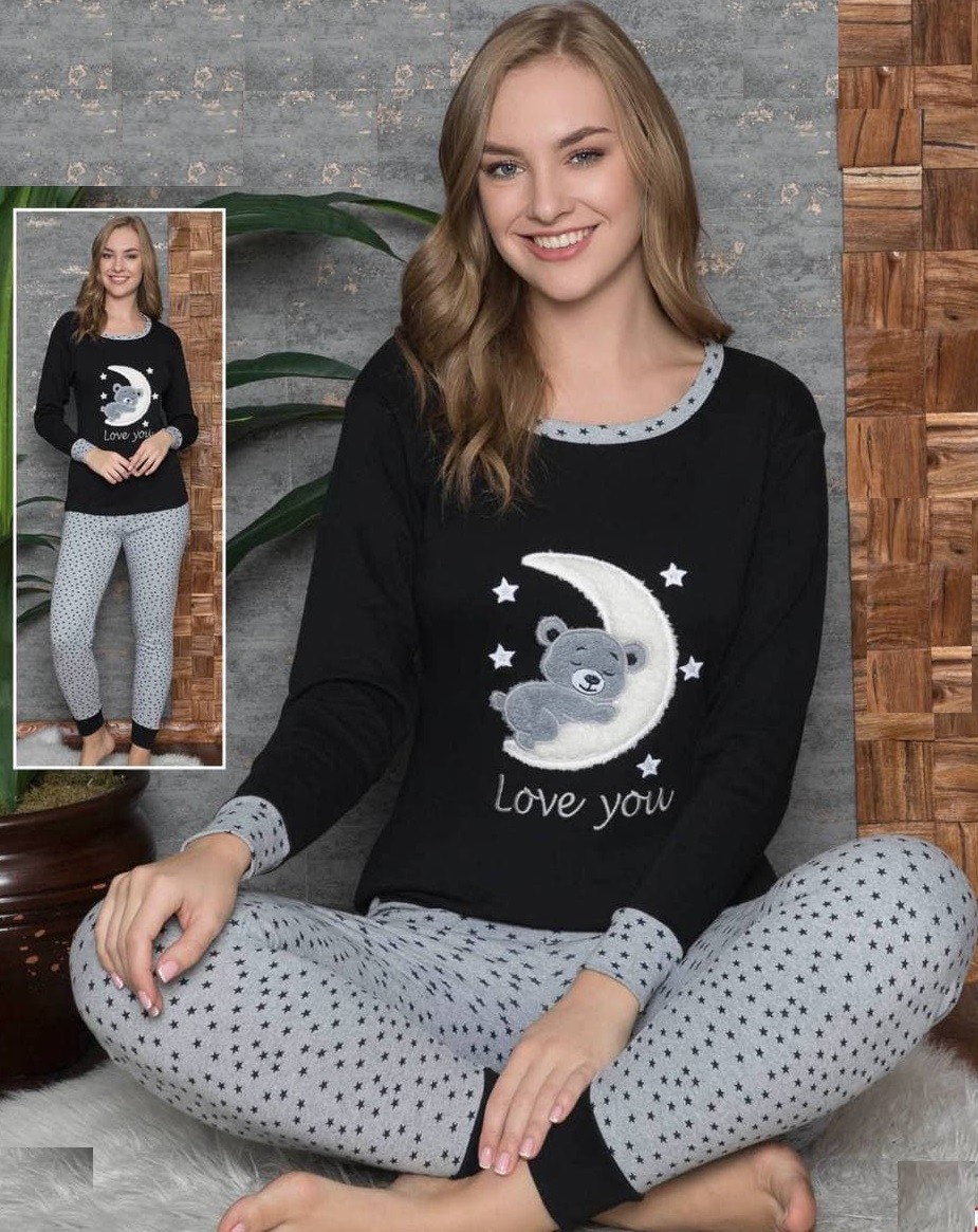 

Женская пижама (кофта+брюки) хлопок Bear on the moon XL Черно-серая с принтом