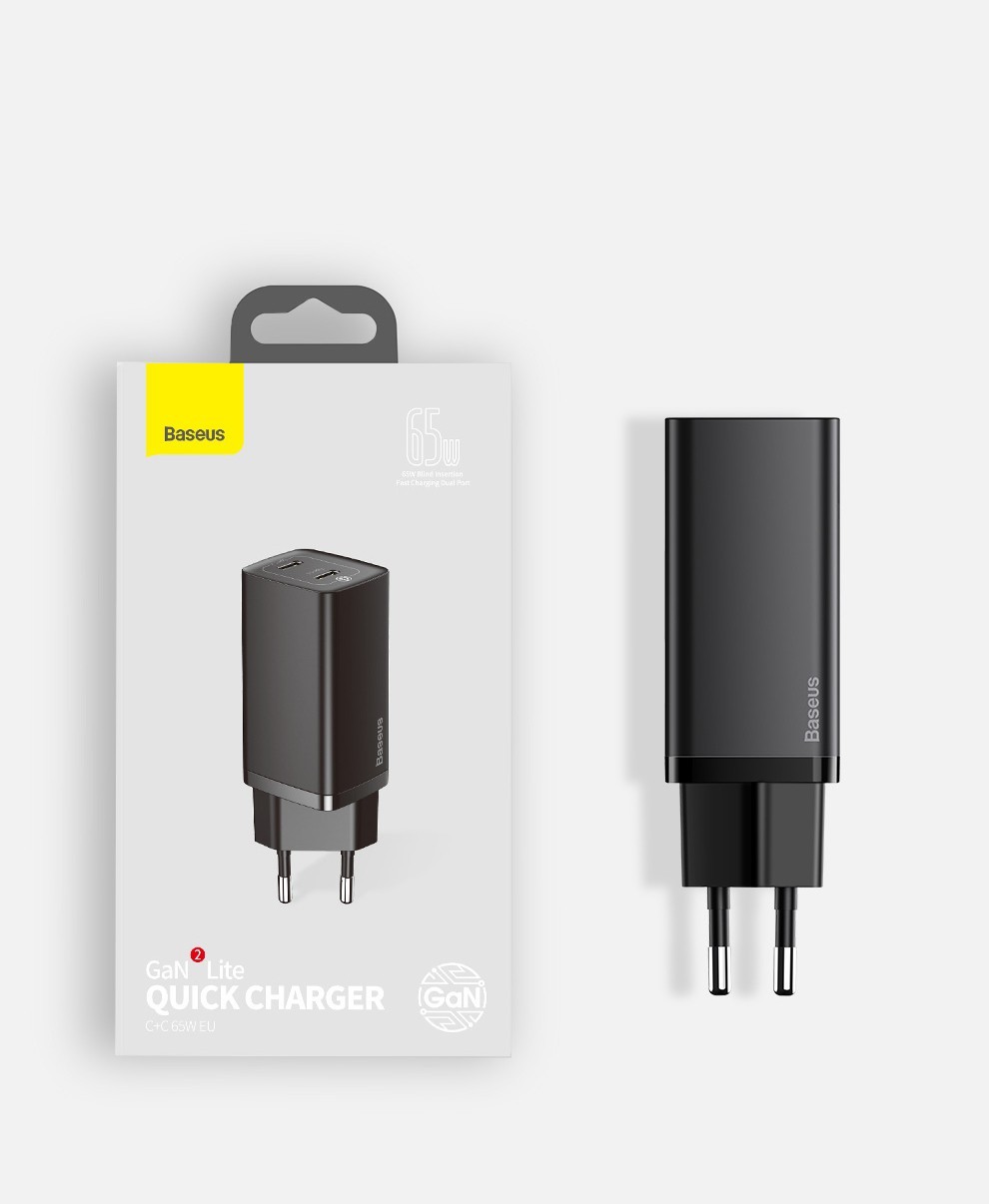 

Зарядное устройство Baseus GaN2 Lite Quick Charger 65W (2 Type-C) для MacBook/iPad/iPhone/Android black