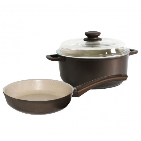 

Комплект посуды Мокко: кастрюля (5 л), сковорода (260 мм), универсальная крышка, Биол М26ПС