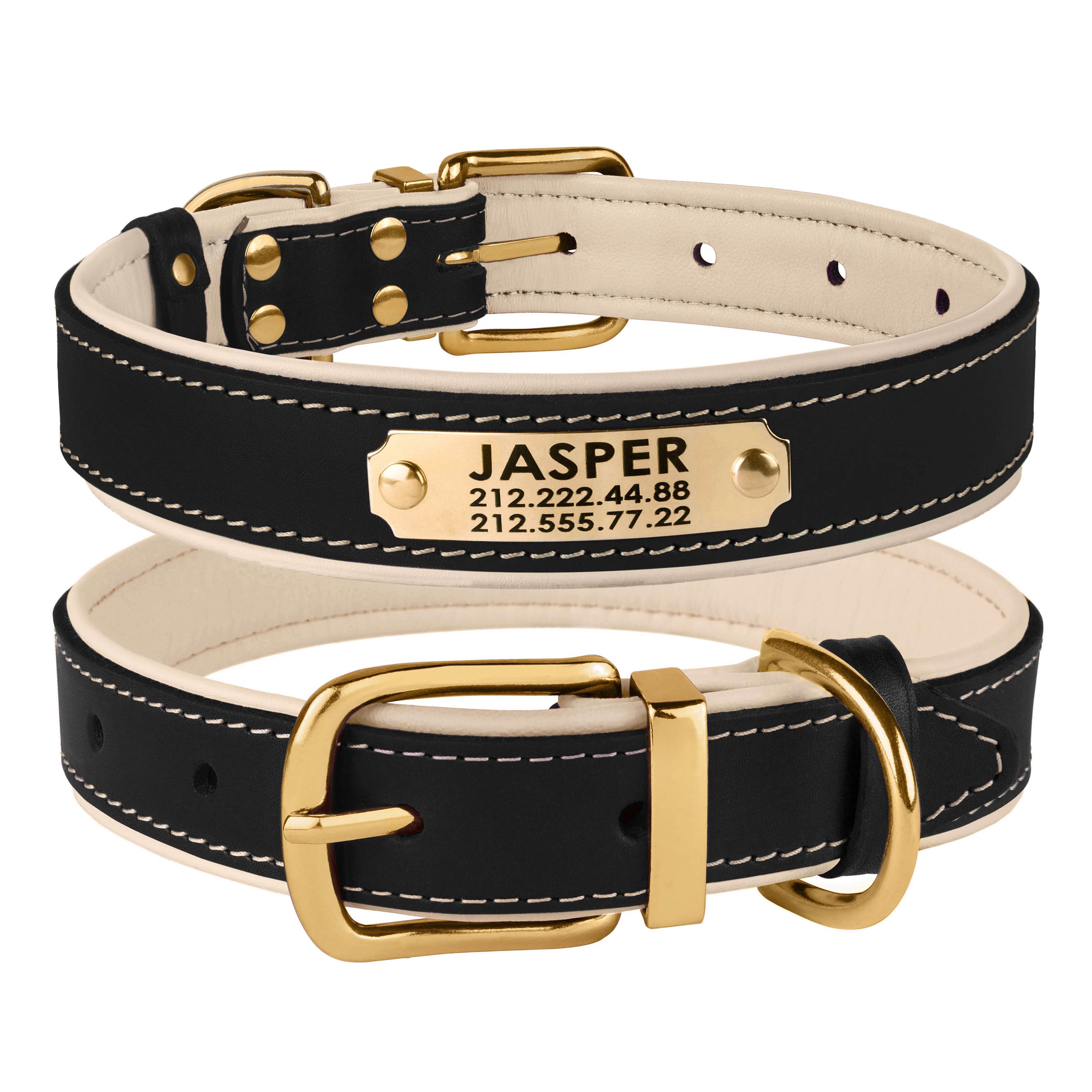 

Ошейник для Собак Кожаный BronzeDog Premium с Латунной Фурнитурой и Адресником Черно-Бежевый 25 мм 35-45 см (620314)