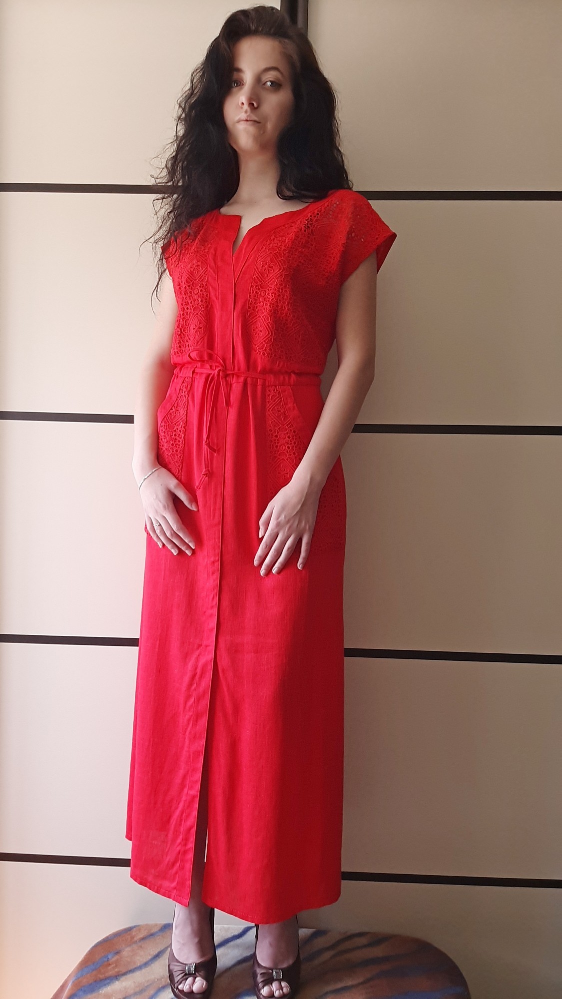 

Довге нарядне плаття Льон з поясом Рута-С 351 Максі Розмір 46 (164-92-100) Червоний