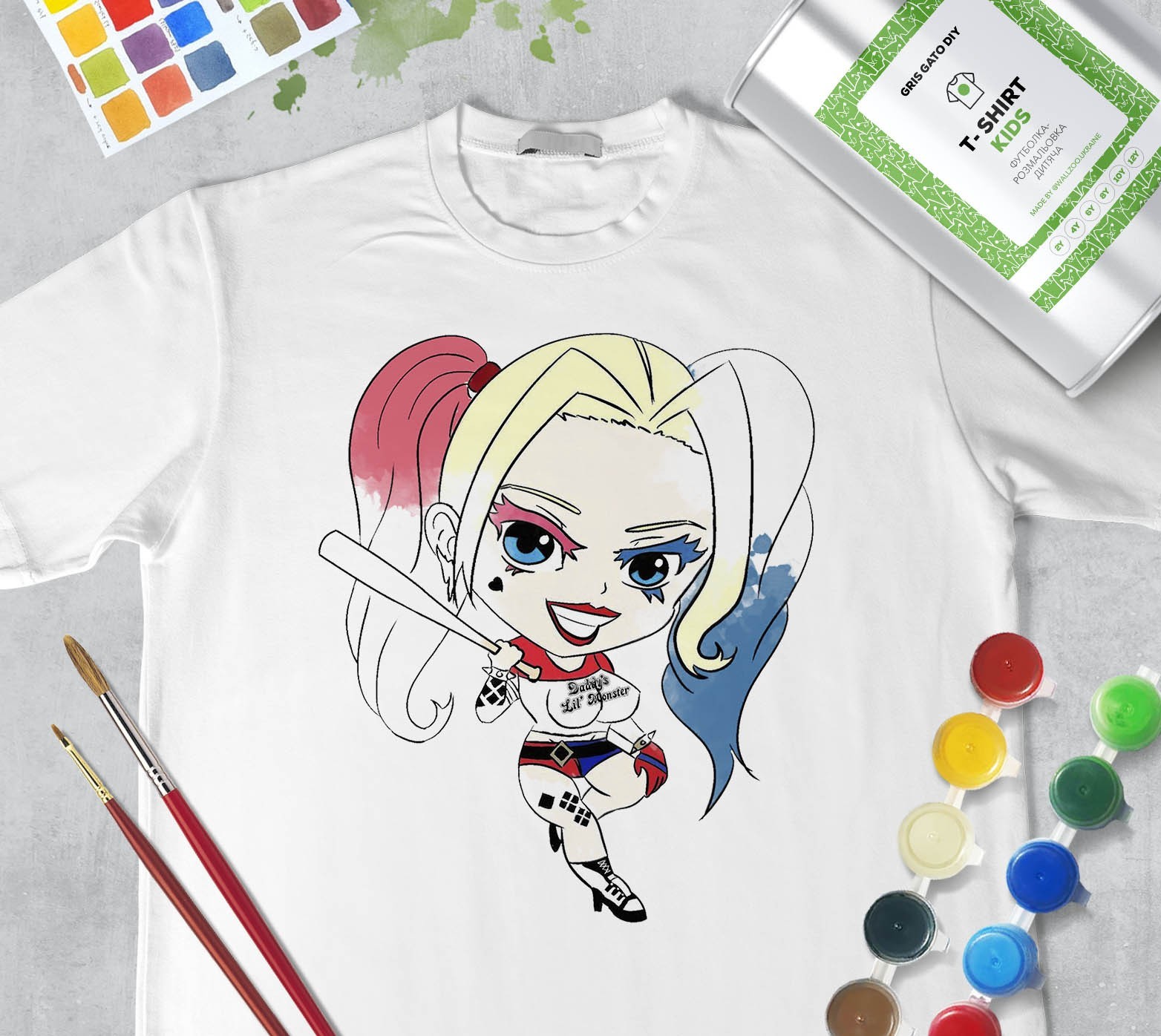 

Набор для рисования для девочек "Харли Квинн" Harley Quinn" Футболка-раскраска белая (+краски и 2 кисточки) WallZoo 128см 7-8 лет