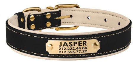 

Шкіряний Нашийник для Собак BronzeDog Premium з Литою латунною фурнітурою та Адресніком Чорно-Бежевий, M 20 мм 33-43 см