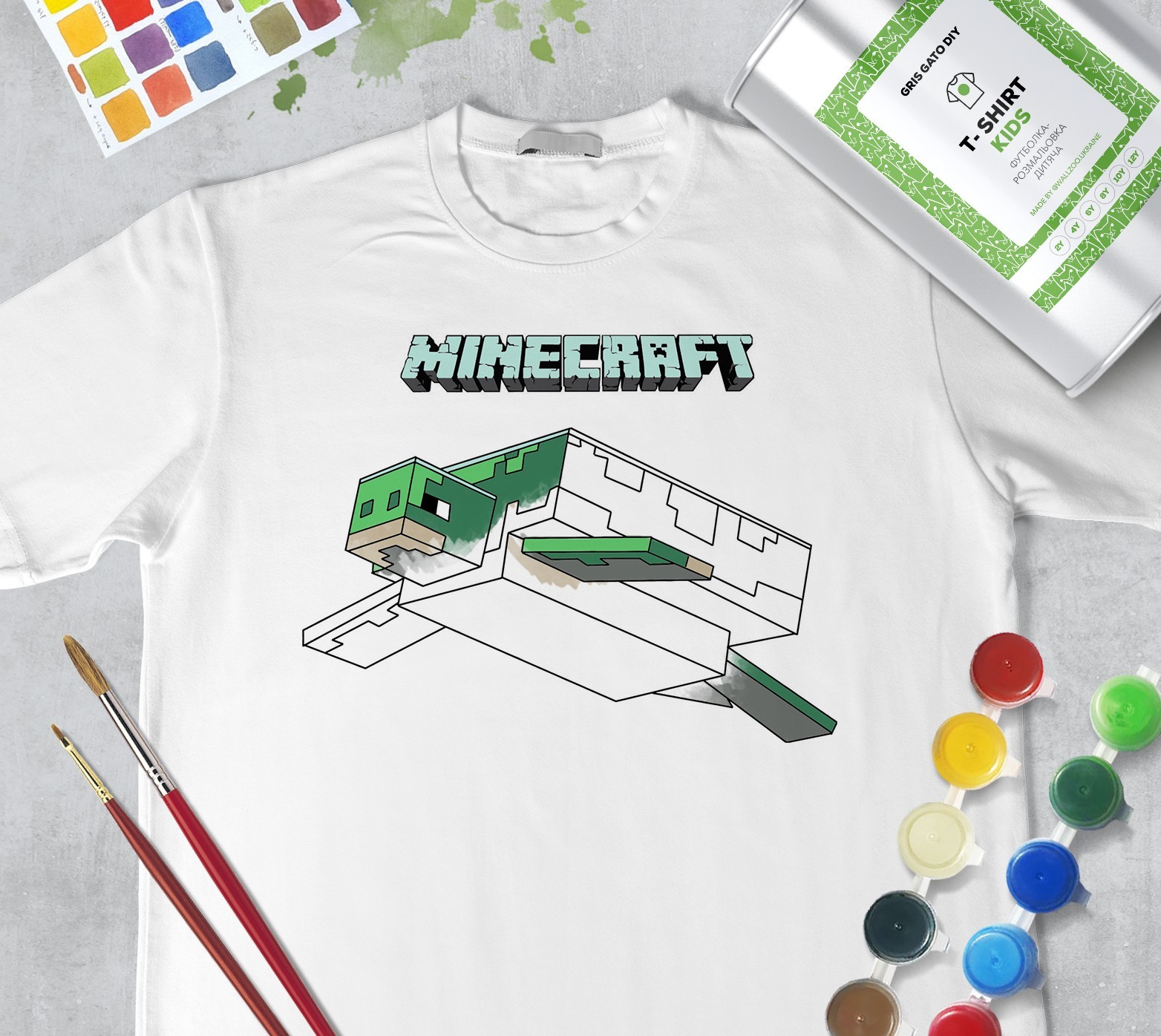 

Набор для рисования для девочек "Майнкрафт Черепаха" Minecraft Turtle" Футболка-раскраска белая (+краски и 2 кисточки) WallZoo 140см 9-11 лет