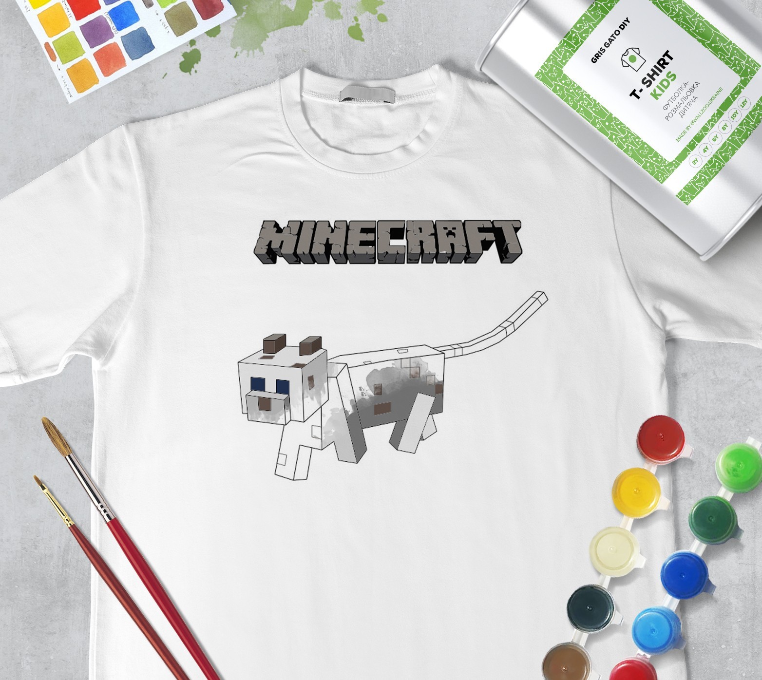 

Набор для рисования для девочек ""Майнкрафт Кошка" Minecraft Cat"" Футболка-раскраска белая (+краски и 2 кисточки) WallZoo 128см 7-8 лет