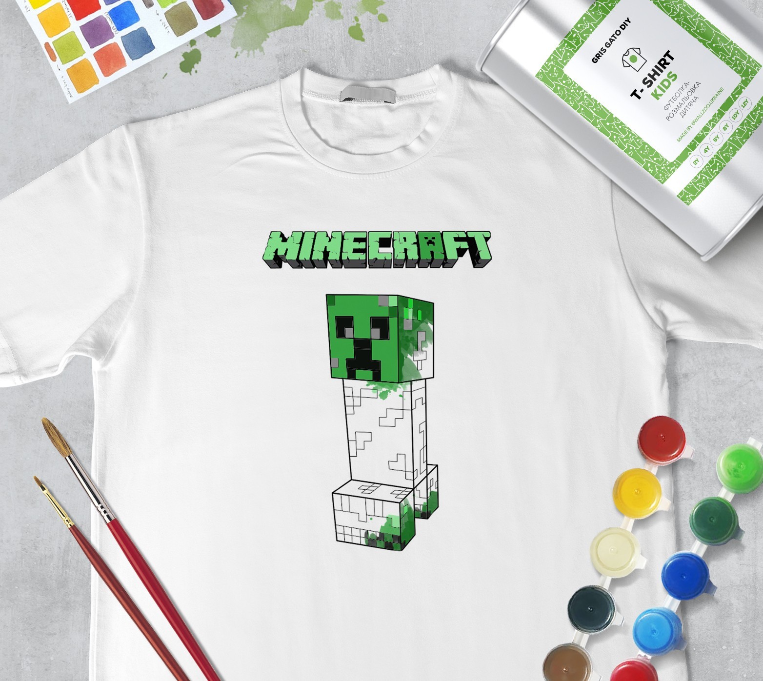 

Набор для рисования для девочек ""Майнкрафт Крипер" Minecraft Creeper"" (+ краски) Футболка раскраска Футболка раскраска WallZoo белая 152см 12-14 лет