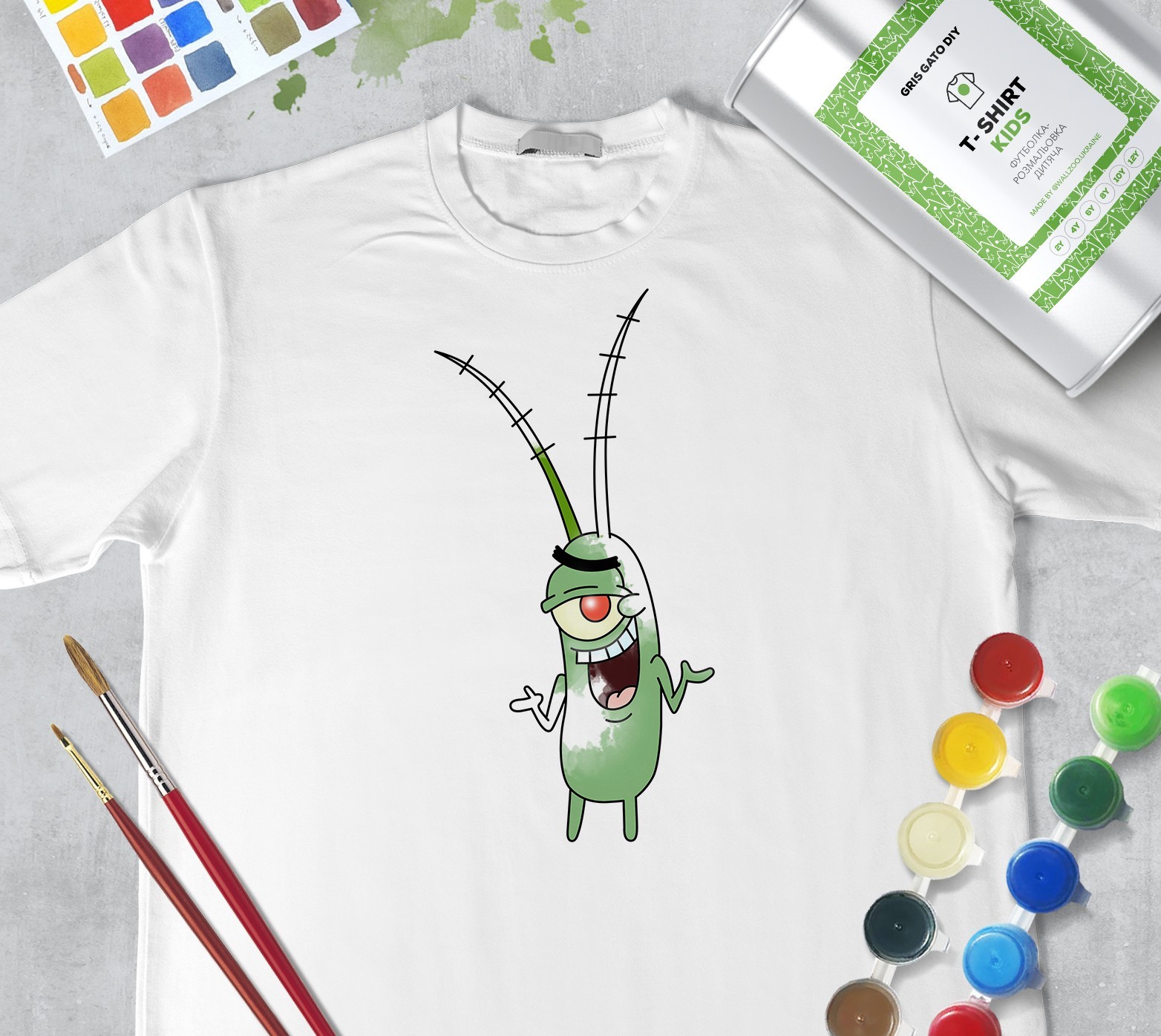 

Набор для рисования для мальчиков "Планктон" Plankton" Футболка-раскраска белая (+краски и 2 кисточки) WallZoo 128см 7-8 лет