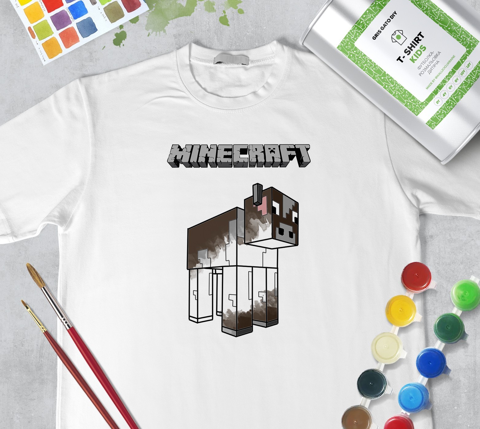 

Набор для рисования для мальчиков ""Майнкрафт Корова" Minecraft Cow"" (+ краски) Футболка раскраска Футболка раскраска WallZoo белая 94см 2 годика