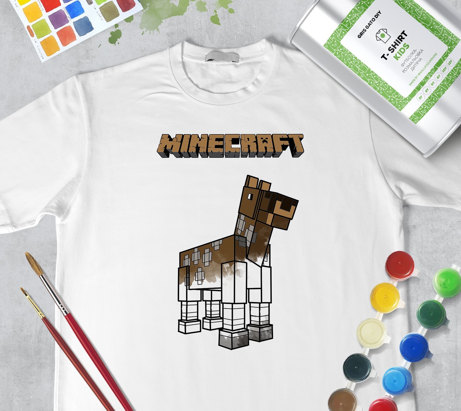 

Набор для рисования для мальчиков ""Майнкрафт Лошадь" Minecraft Horse"" (+ краски) Футболка раскраска Футболка раскраска WallZoo белая 104см 3-4 года