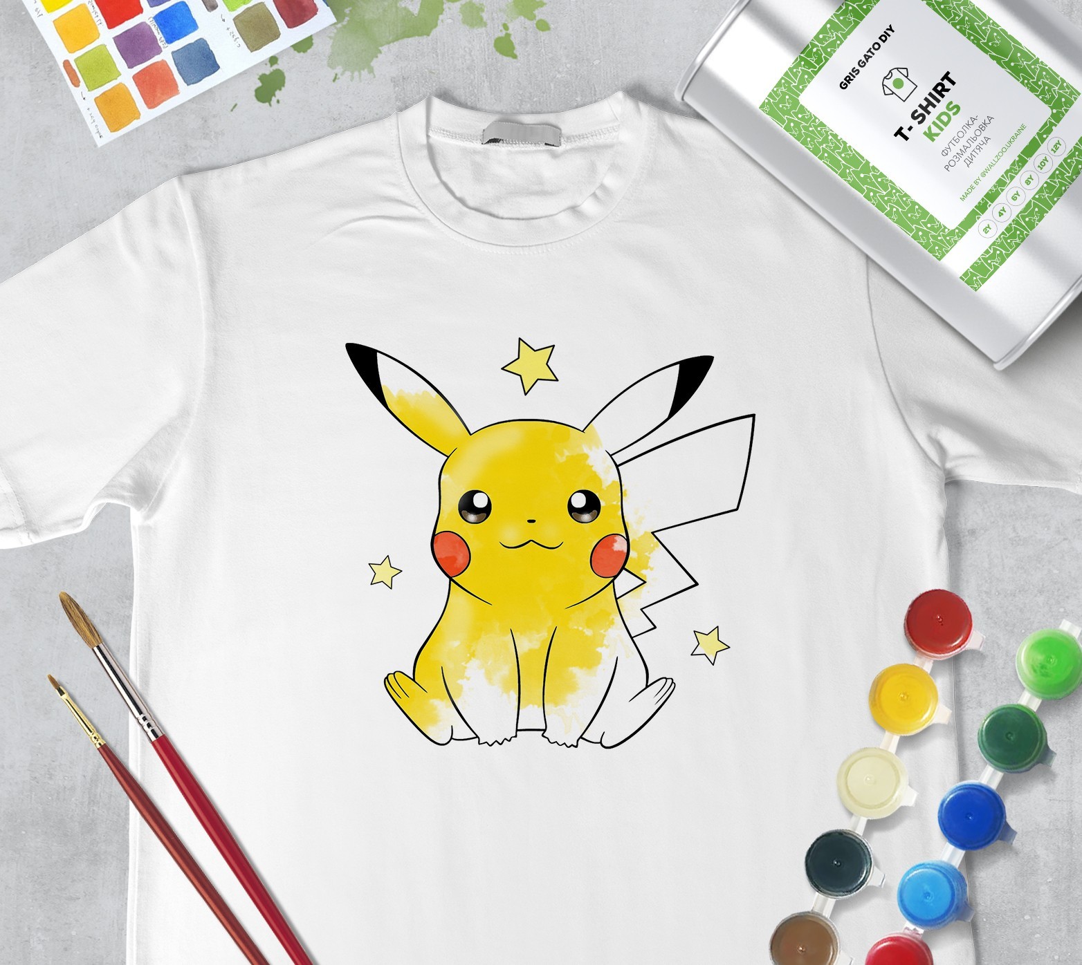 

Набор для рисования для мальчиков "Пикачу" Pikachu" Футболка-раскраска белая (+краски и 2 кисточки) WallZoo 128см 7-8 лет