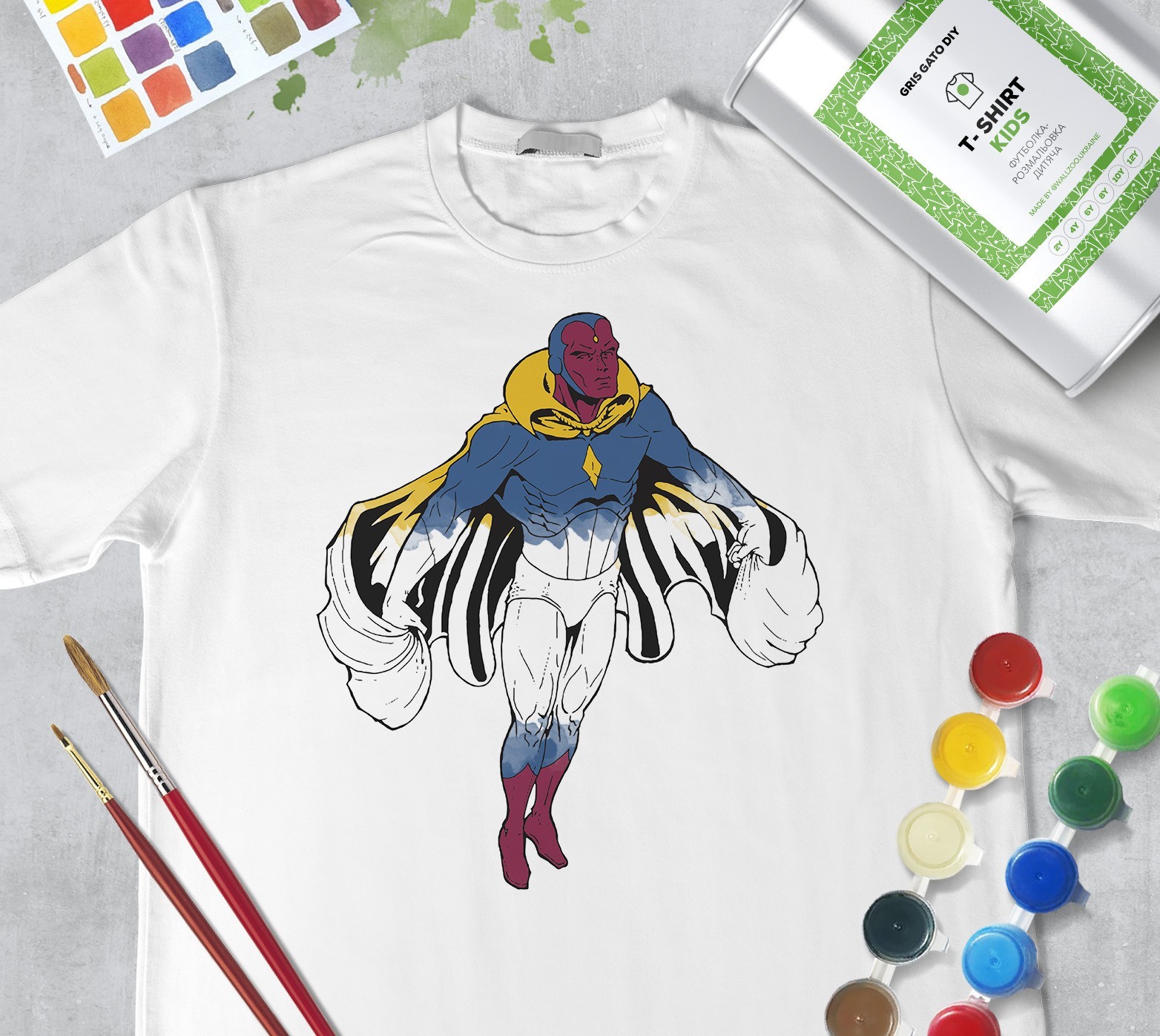 

Набор для рисования для мальчиков "Вижен" Виктор Шейд" Vision" Футболка-раскраска белая (+краски и 2 кисточки) WallZoo 104см 3-4 года