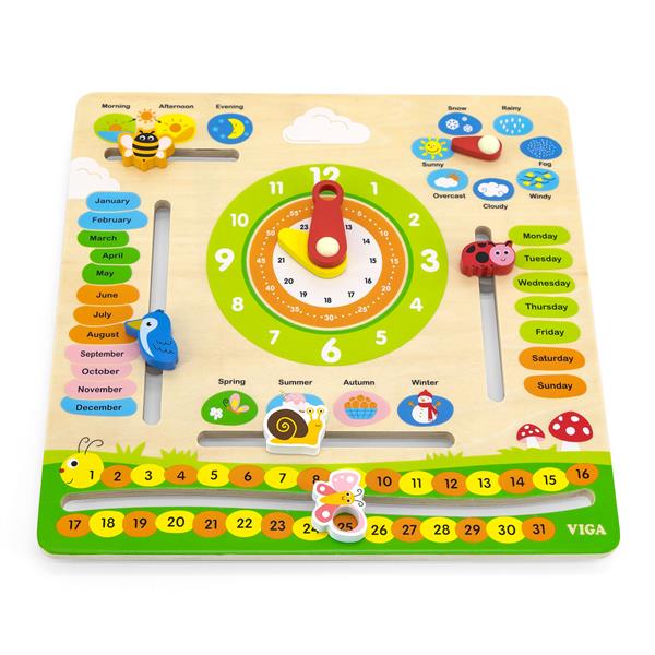 

Деревянный календарь Viga Toys с часами, на английском языке салатовый