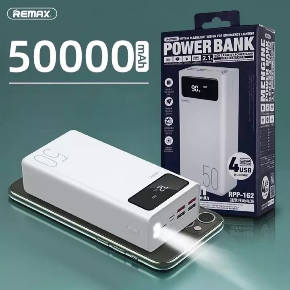 

Павербанк Remax Power Bank 50000mAh|4USB/Type-C/Lightning, 2.1A|для iPhone, Android, Xiaomi, Samsung, Huawei