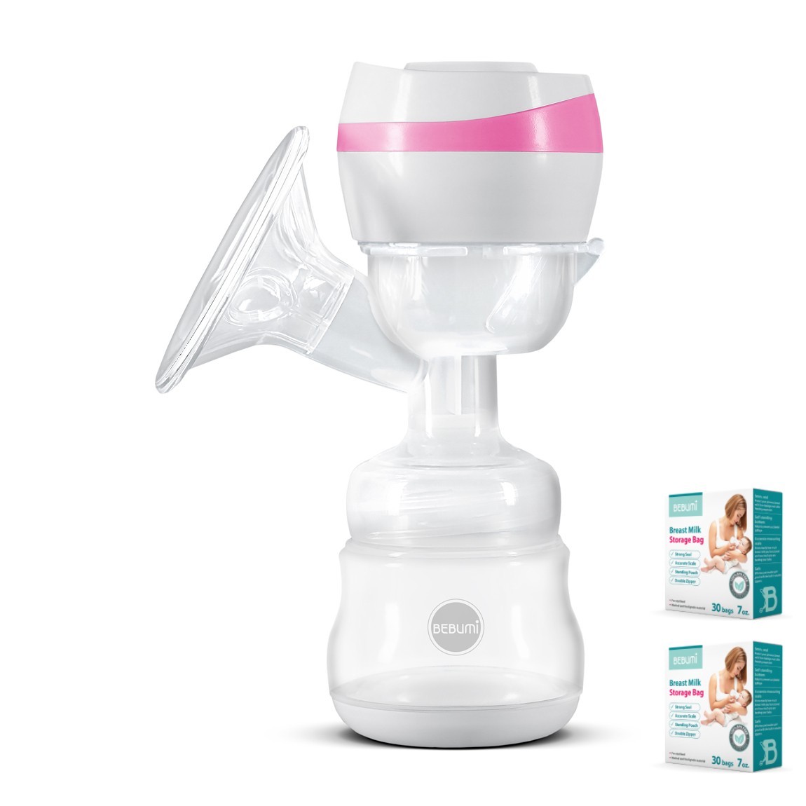 

Электрический двухфазный молокоотсос Bebumi BS1 (pink) с силиконовой соской + пакеты для хранения грудного молока Bebumi 60 штук