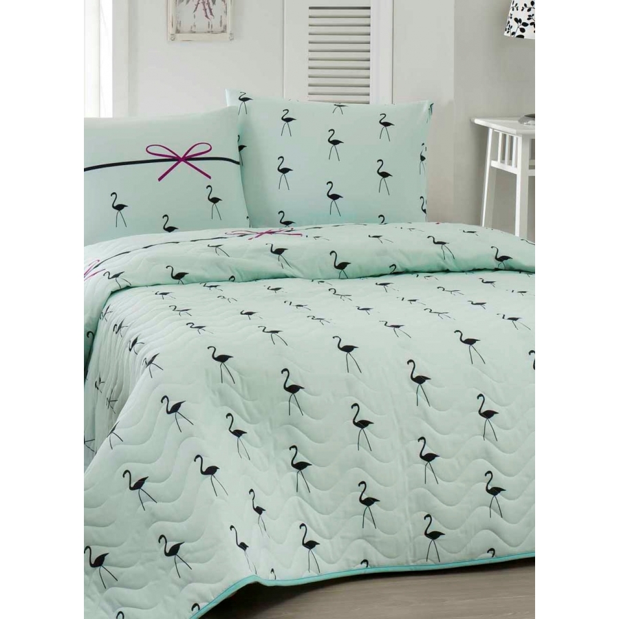 

Покрывало стеганное с наволочкой Eponj Home Flamingo Mint 160*220 (svt-2000022275330)