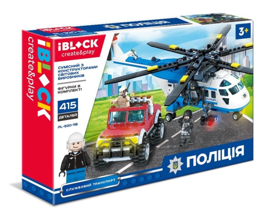 

Конструктор большой набор "Поліція" iBLOCK полицейский транспорт вертолёт и машинка 415 деталей для мальчика (Т985)