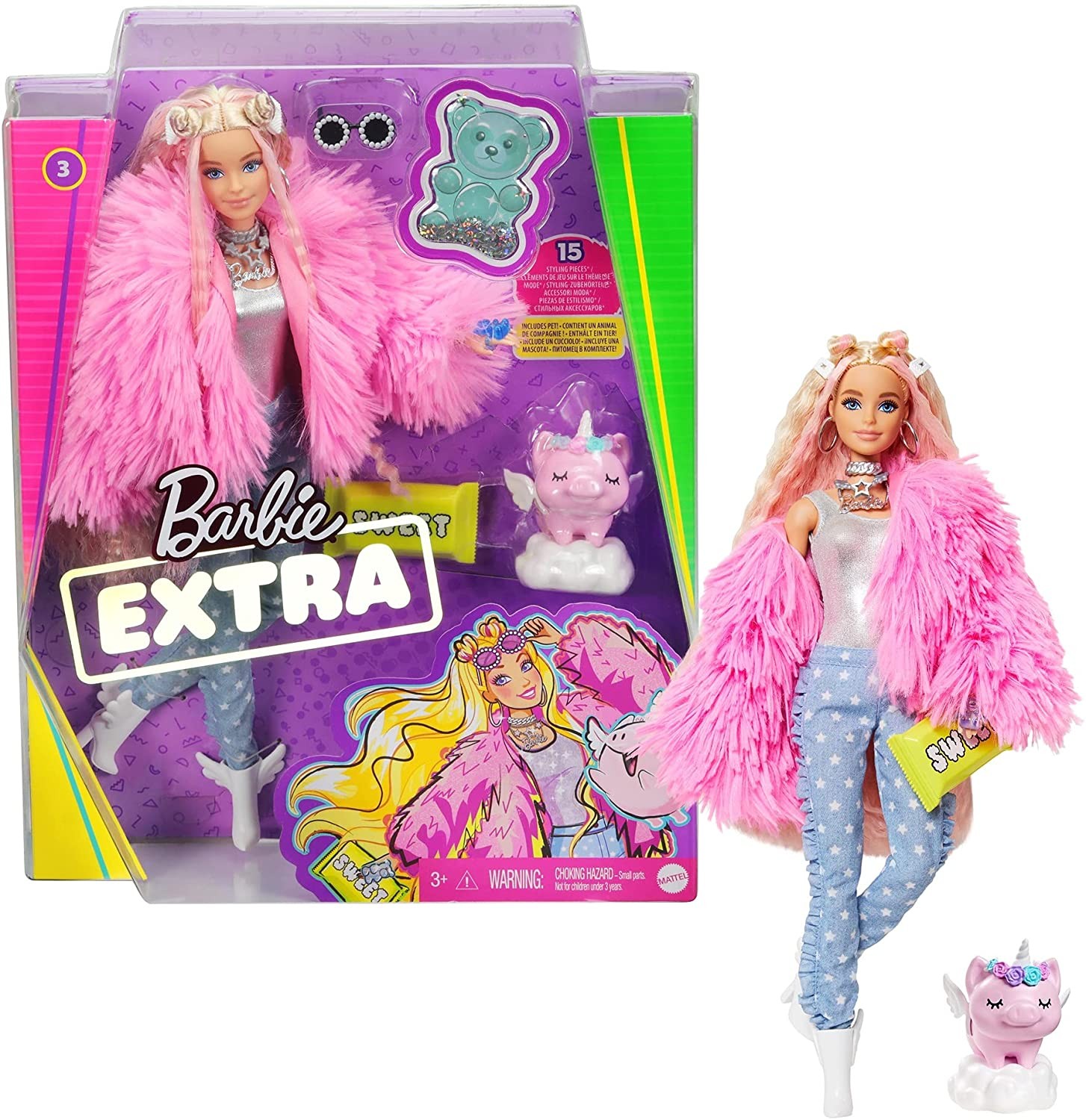 

Кукла Барби Экстра #3 Модница Barbie Extra Doll #3 in Pink Fluffy Coat with Pet Unicorn-Pig
