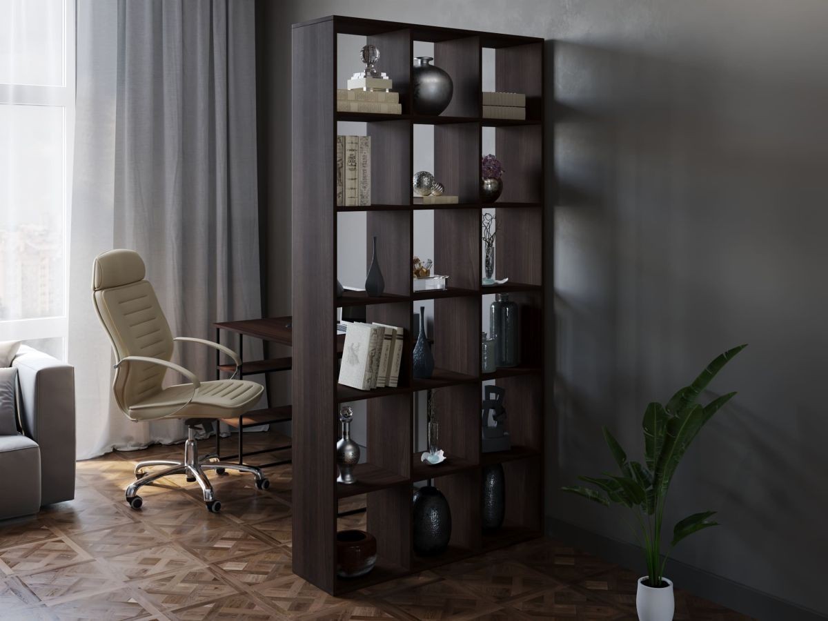 

Стеллаж-перегородка для зонирования комнаты DrevoGoods для дома и офиса двусторонний, напольный / пристенный, деревянный с полками для книг и вещей на 18 ячеек 1072x2128x300 мм Венге