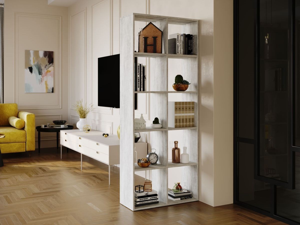 

Стеллаж-перегородка для зонирования комнаты DrevoGoods для дома и офиса двусторонний, напольный / пристенный, деревянный с полками для книг и вещей на 10 ячеек 720x1776x300 мм Урбан лайт