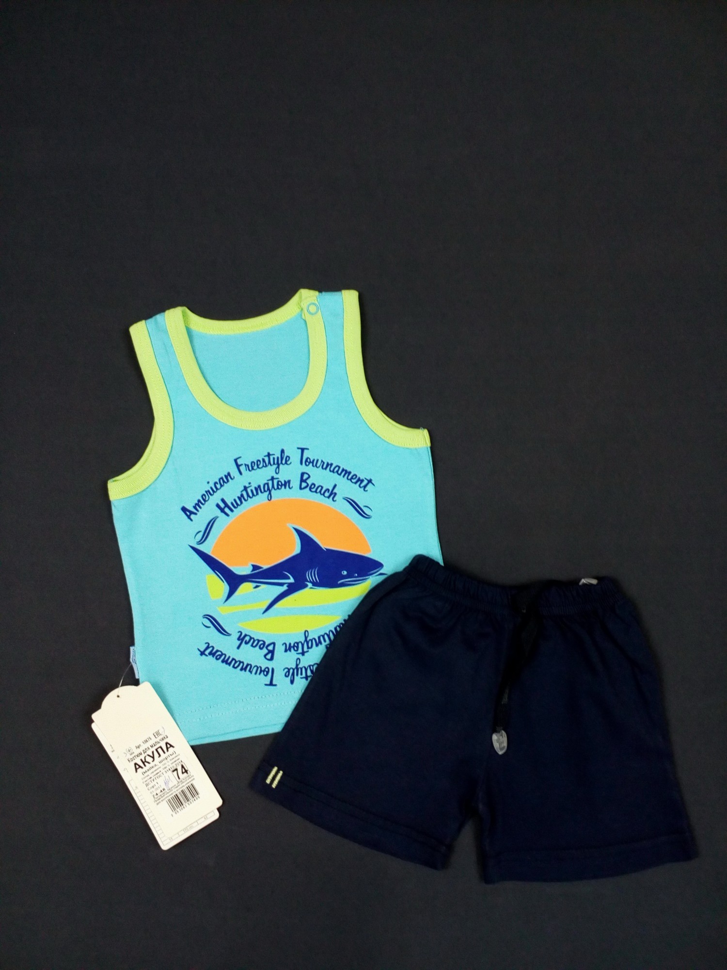 

Комплект для мальчиков (майка + шорты) Gabbi Акула 74см бирюзовый с тёмно-синим 10676