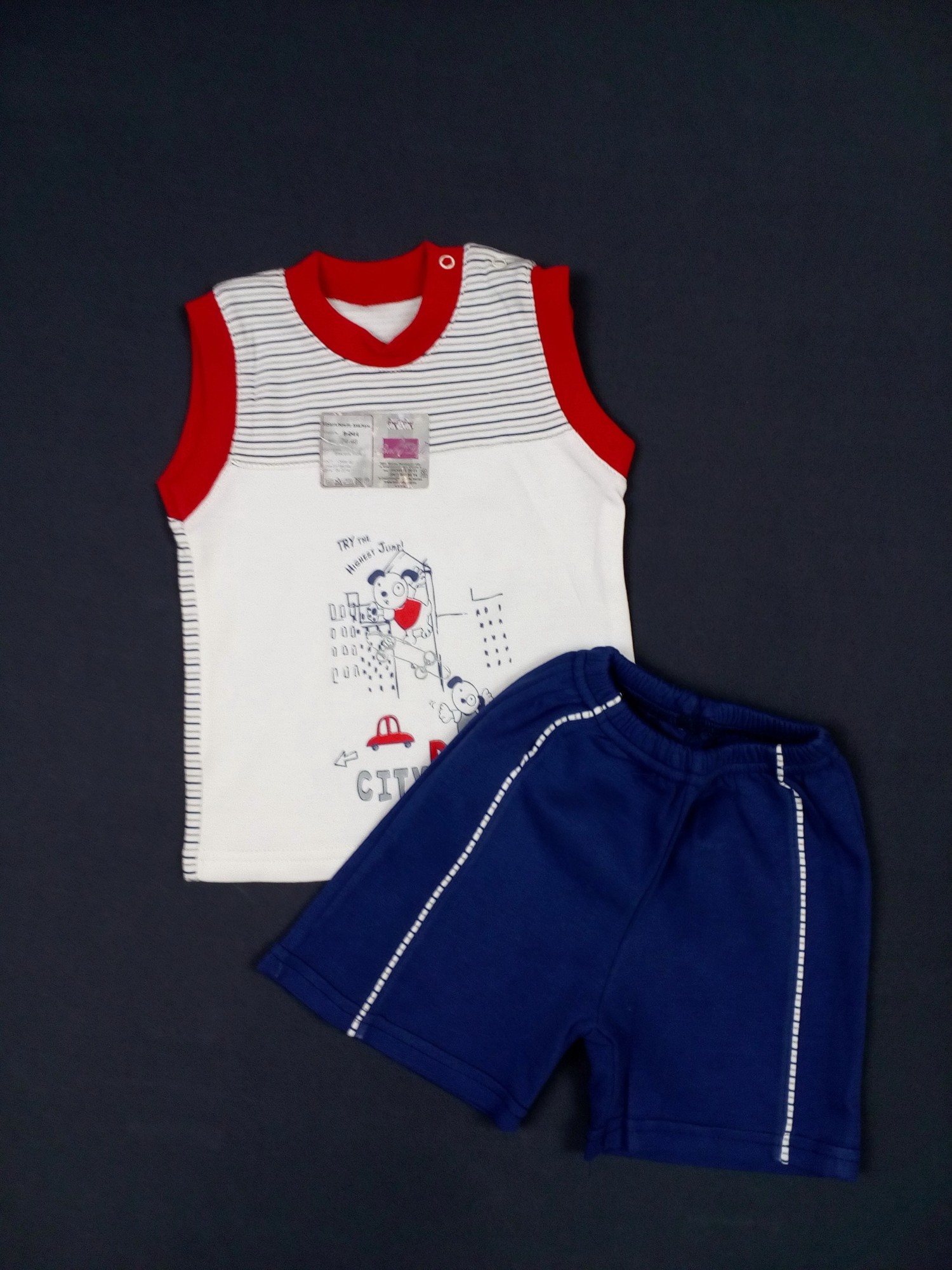 

Комплект для мальчиков (майка + шорты) Baby life City dog 68см молочный с синим 9-044