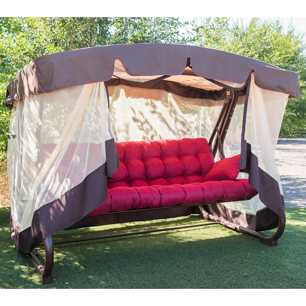 

Качели садовые раскладные трехместные Этно 180 см с москитной сеткой, цвет матраса малиновый цвет Украинские конструкции