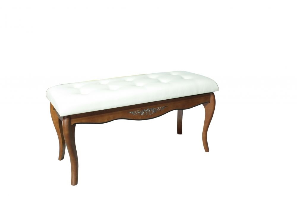 

Банкетка лавка в прихожую, спальню Александрия деревянная орех, патина темная/экокожа белая цвет Veles