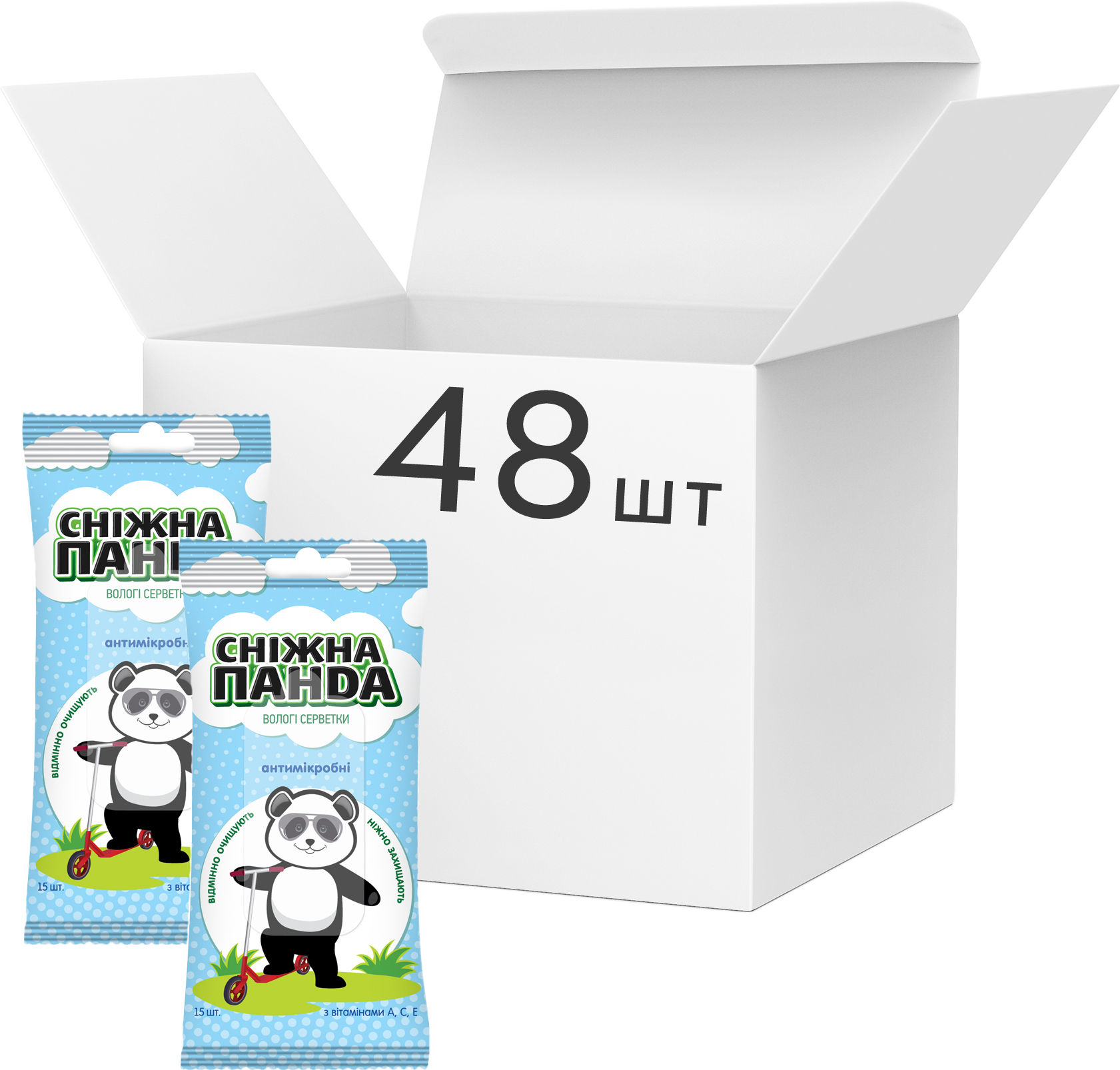 Акция на Упаковка салфеток влажных для рук Снежная Панда Антимикробных Kids 48 пачек по 15 шт (4820183970497) от Rozetka UA