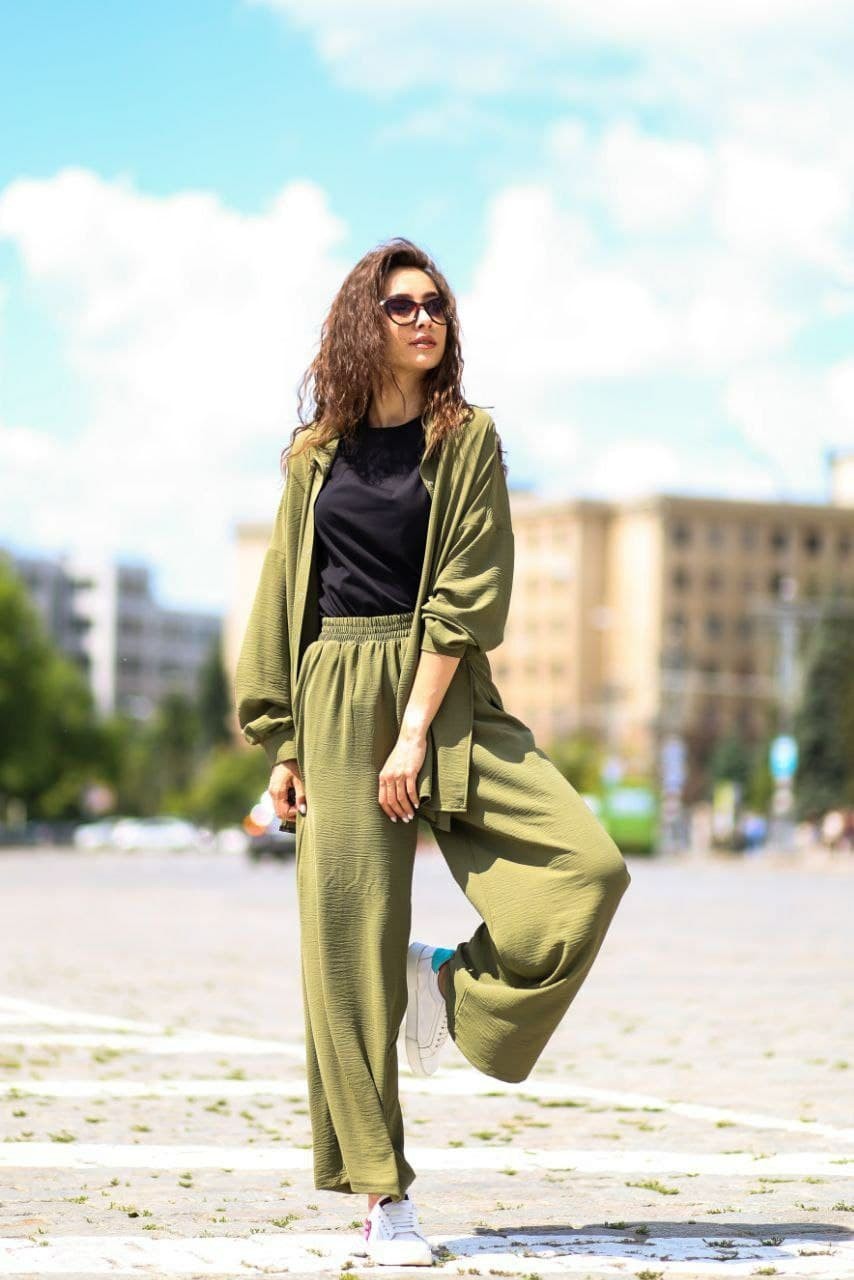 

Летний брючный костюм-двойка (рубашка и широкие штаны палаццо) VS M хаки 650-хаки-M