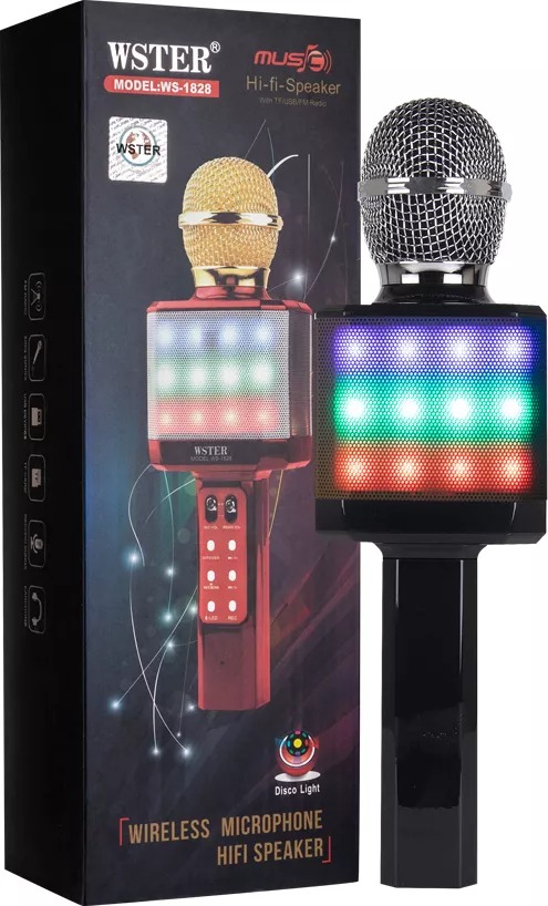 

Караоке микрофон WSTER WS-1828 Black с функцией изменения голоса | FM радио, USB, TF Card, AUX | Функция записи и LED подсветка