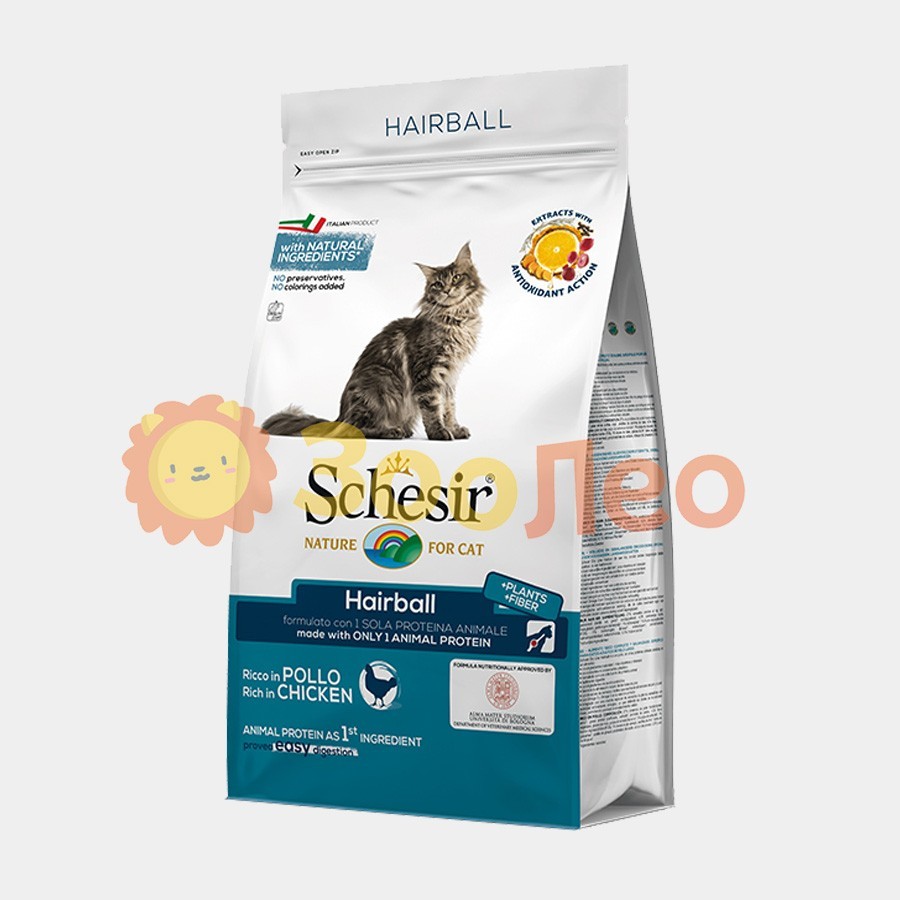 

Сухой монопротеиновый корм Schesir Cat Hairball для взрослых котов для выведения шерсти с курицей 1.5 кг