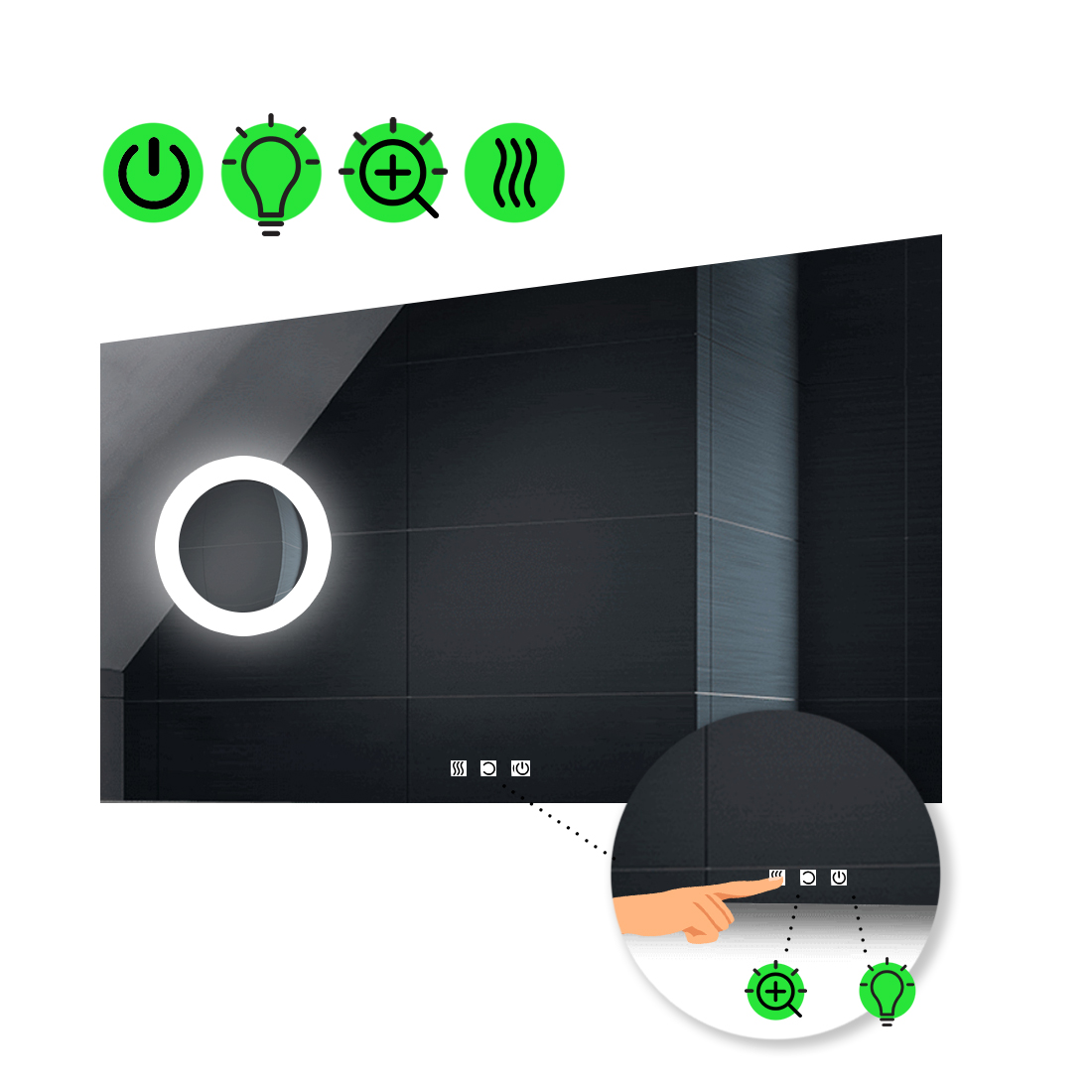 

Зеркало Lucia с Led-подсветкой, тремя сенсорами, подогревом, линзой с подсветкой 80x60 см