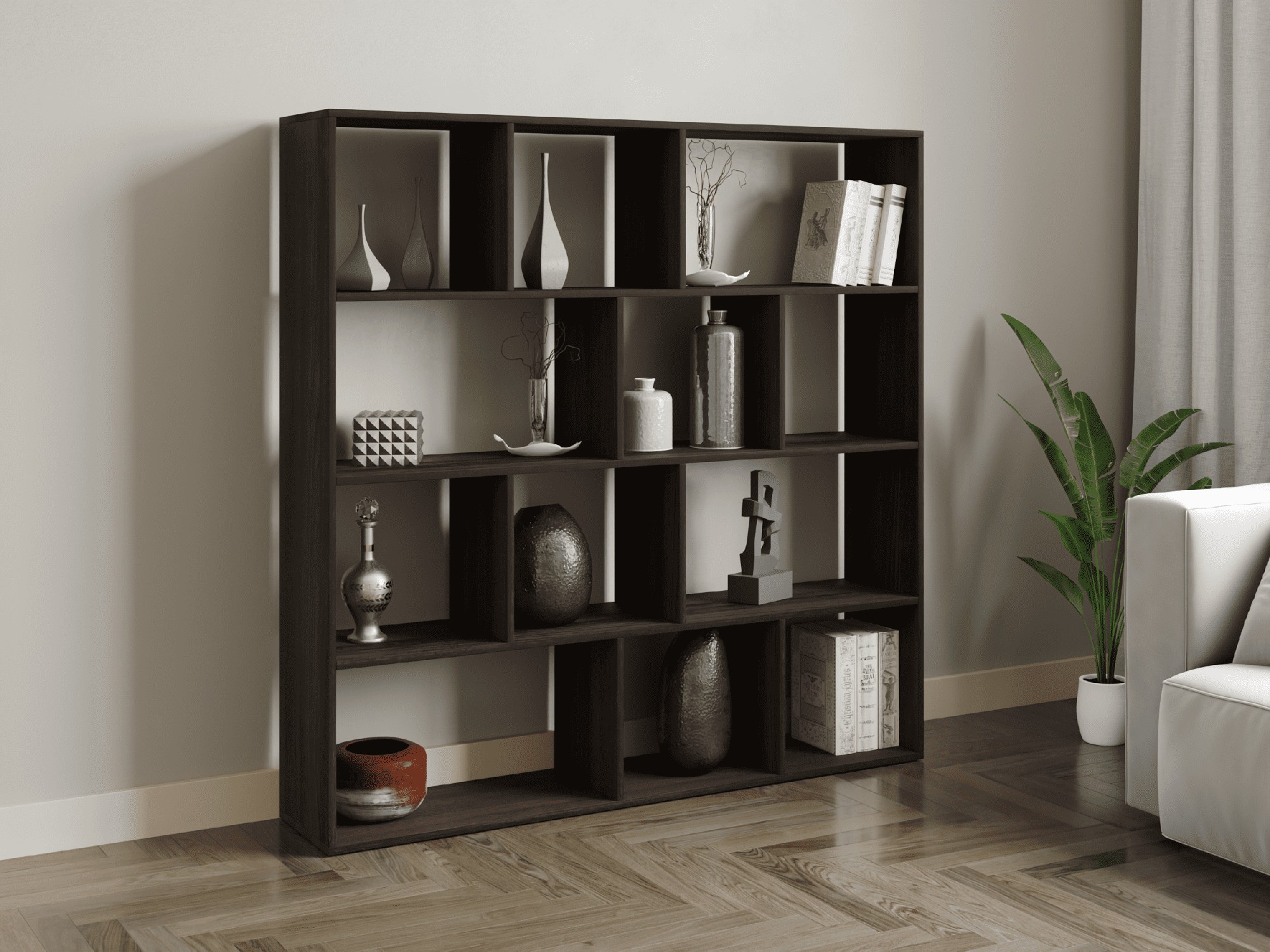 

Стеллаж-перегородка для зонирования комнаты DrevoGoods двусторонний, открытый, напольный, сборно-разборный деревянный с полками для хранения вещей, книг, документов, посуды для дома и офиса на 12 ячеек 1310 х 1430 х 290 мм Венге