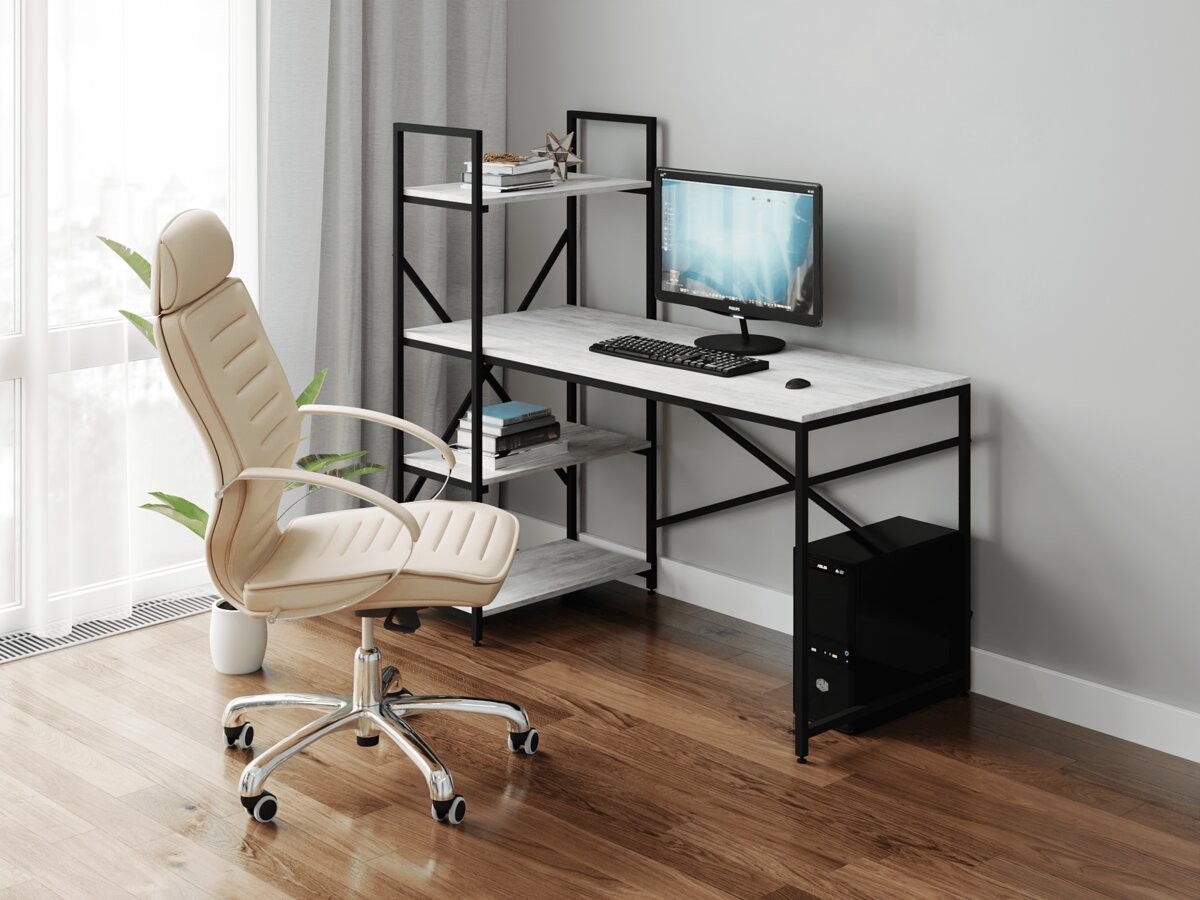 

Стол компьютерный письменный с металлическим каркасом в стиле Лофт (Loft) усиленный, прямой, рабочий для дома и офиса 1600х750х600мм; металл: Черный; дерево: Серый + стеллаж с полками