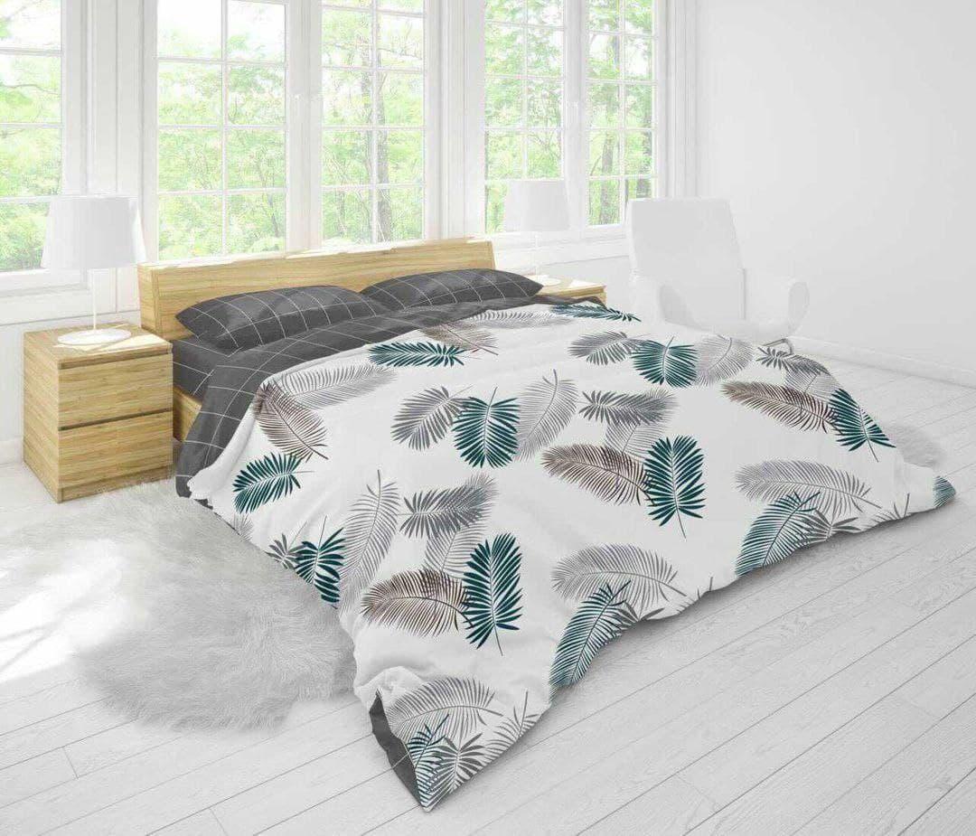 

Комплект постельного белья Qili Home Textile Сатин №S1016 Двуспальный 180х210 бело-серый с зеленым