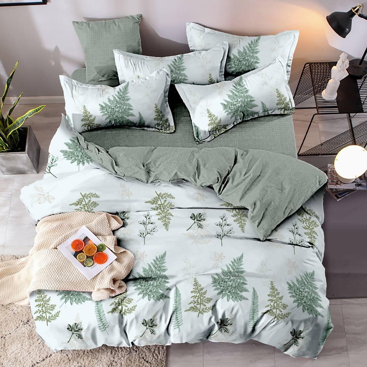

Комплект постельного белья Qili Home Textile ранфорс бело-зеленый №R1021 Двуспальный 180х215 Зеленый с белым