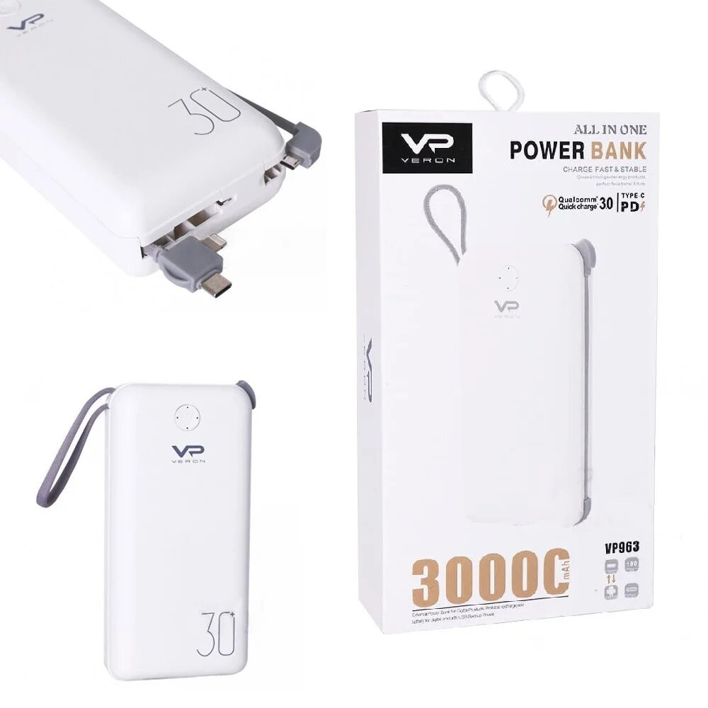 

Мощный повербанк Power bank Veron VR963 для телефона 30000 mAh Пауэрбанк Micro USB Type-C Lighning Павер бенк