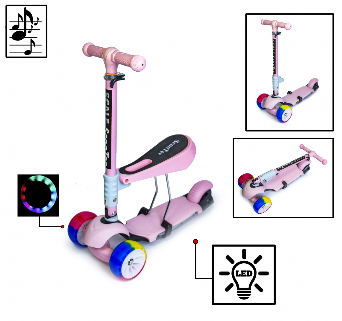 

Самокат детский складной Scooter 3в1 Розовый Cо светом и музыкой (SD)